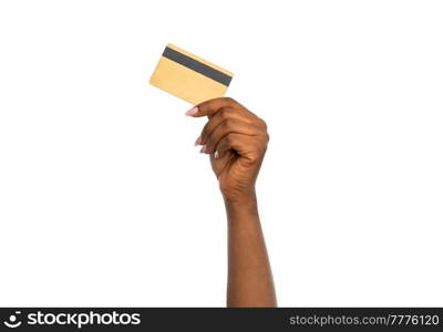 shopping, finance and people concept - close up of female hand with golden credit card over white background. close up of hand with golden credit card