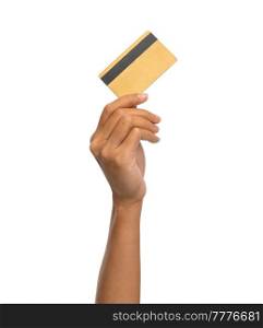 shopping, finance and people concept - close up of female hand with golden credit card over white background. close up of hand with golden credit card