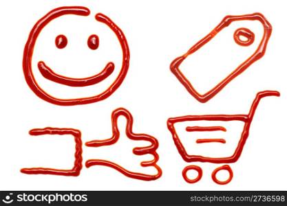 Shopping icons made of ketchup, isolated on a white background