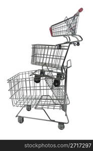 Shopping in balance shown by shopping cart made of metal balanced on top of each other - path included