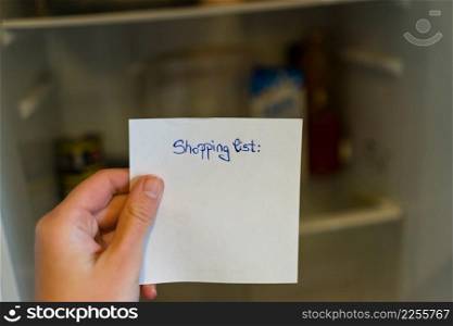 Shopping list and empty fridge background