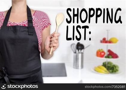 shopping list cook holding wooden spoon background concept.. shopping list cook holding wooden spoon background concept