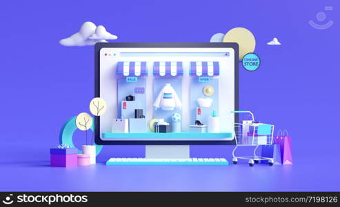 Shopping on-line. Online store on website or mobile application. 3d rendering background. digital marketing shop concept.