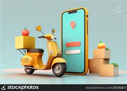 Shopping Online delivery service on a mobile by scooter , Delivery service Shopping Online on a mobile application , Generative Ai