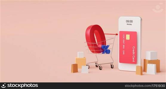 Shopping online on smartphone with special offer 0  interest installment payments, 3d illustration