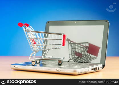 Shopping online with computer and cart