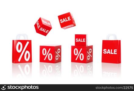 shopping, retail and merchandising concept - set of boxes and shopping bags with sale and percent sign