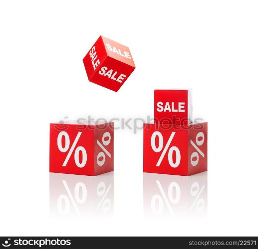 shopping, retail and merchandising concept - set of boxes with sale and percent sign