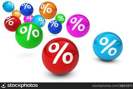 Shopping sale, reduction, discount and promo concept with colorful bouncing spheres and percent symbol sign on white background.