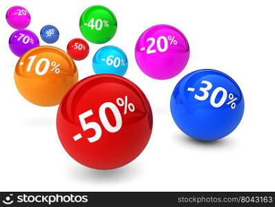 Shopping sale, reduction, discount and promo concept with colorful bouncing spheres and percentage sign on white background.