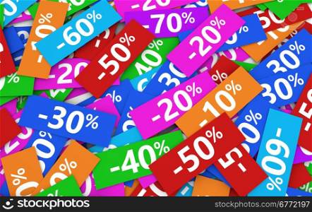 Shopping sale, reduction, discount and promo concept with percentage sign on colorful paper coupon.