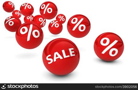 Shopping sale, reduction, discount and promo concept with red bouncing spheres and percent symbol sign on white background.