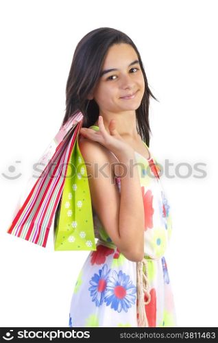 shopping teenager girl smiling holding shopping bags. closeup portrait of beautiful young