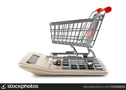 shopping trolley and calculator isolated on white background