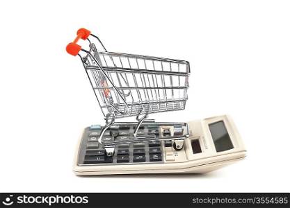 shopping trolley and calculator isolated on white background