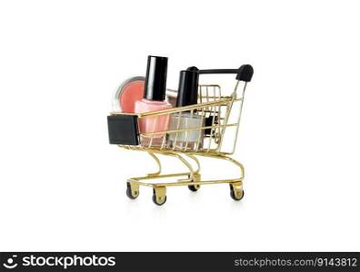 Shopping trolley full of make up and cosmetic goods, isolated on white background. Black friday concept. Sale and discount. Goods for women. Closeup of a basket with products for make-up. Shopping trolley full of make up and cosmetic goods, isolated on white background. Black friday concept. Sale and discount. Goods for women. Closeup of a basket with products for make-up.