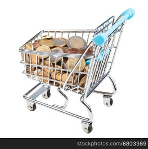 shopping trolley with euro coins isolated on white background