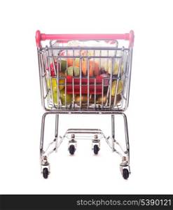 Shopping trolley with many decorative easter eggs on white