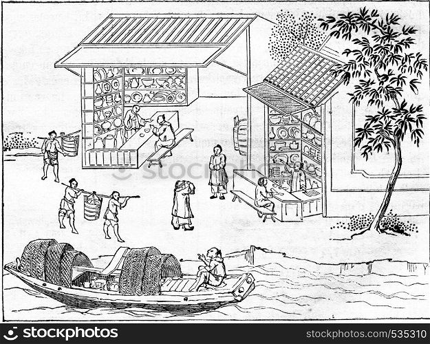 Shops china merchants and boarding porcelain vases, vintage engraved illustration. Magasin Pittoresque 1857.
