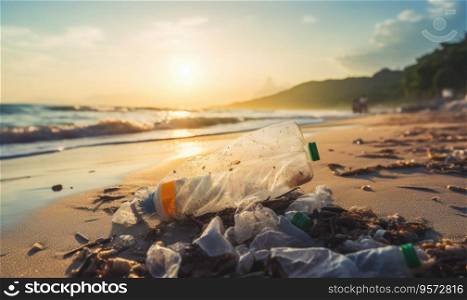 Shoreline tainted by plastic waste, emphasizing the urgent need for eco-responsibility. Polluted beach with garbage. Created with generative AI tools. Shoreline tainted by plastic waste. Polluted beach with garbage. Created by AI