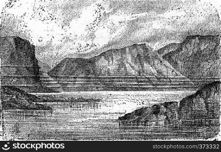 Shorelines and terraces of the Altafjord, in Norway, vintage engraved illustration. From Natural Creation and Living Beings.