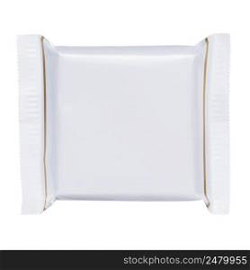 Short square white blank plastic foil pouch food bag snack packaging isolated on white background flat top view