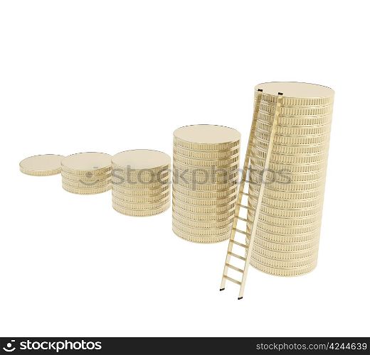 Short way to the top conception: stair ladder and stack of golden coins isolated on white background