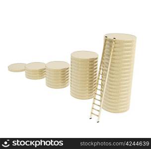 Short way to the top conception: stair ladder and stack of golden coins isolated on white background
