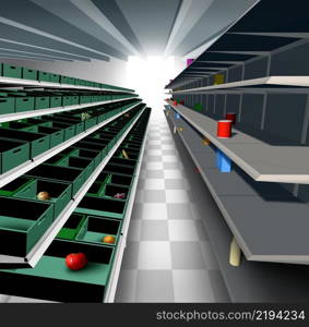 Shortages in a store and Supply Shortage of supplies with empty store shelving with low quantity of fresh produce and products as an economic distribution and business problem and limited production as a 3D illustration.