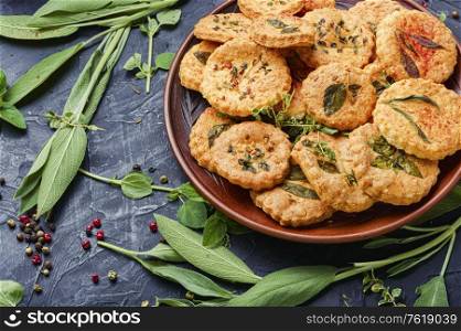 Shortbread cookies with spicy herbs.Cookies with sage,thyme and rosemary.. Cookies with herbs.