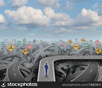 Shortcut direction concept and business detour decision symbol as a businessman walking on a road that avoids chaos confusion and a crisis as an icon for changing course and financial planning or strategy.
