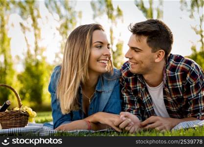 Shot of a beautiful couple on the park having fun together while making a picnic