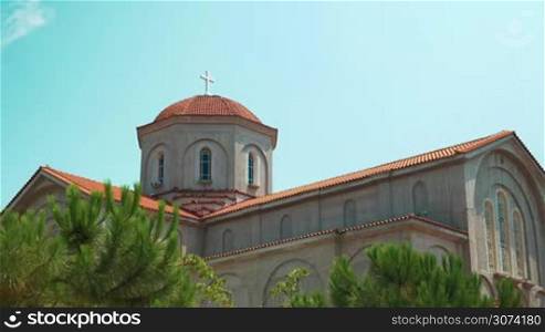 Shot of a big Christian church in Peraia, Greece made in sunny summer day.