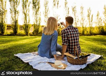 Shot of a happy couple enjoying a day in the park and making a toast