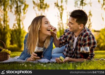 Shot of a happy couple enjoying a day in the park making a picnic