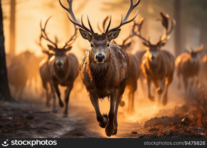 Shot of a large herd of deer running. Generative AI