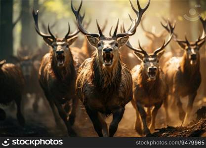 Shot of a large herd of deer running. Generative AI
