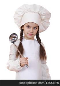 Shot of a little kitchen little girl in a white uniform. Isolated over white background
