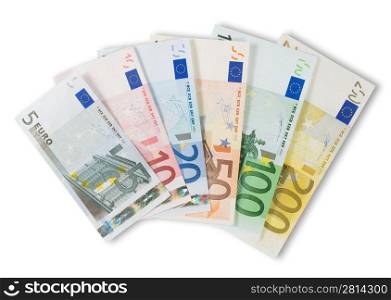 Shot of an assortment of Euro currency banknotes: 200, 100, 50, 20, 10, 5. Studio shot.