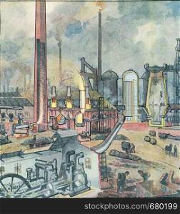 Shot of different parts of a foundry, vintage engraved illustration. From the Universe and Humanity, 1910.