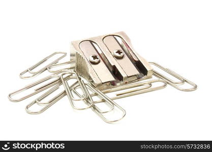 shot of eraser, pencil and pencil metal double sharpener on a white background