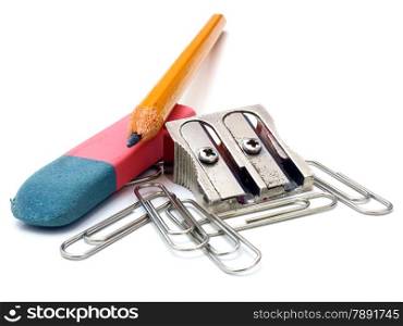 shot of eraser, pencil and pencil metal double sharpener on a white background