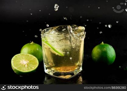 Shot of golden Mexican tequila with lime and sa<on black background. A glass of tequila with≤mon slices and splashing. Alcoholic drink concept. se≤ctive focus.