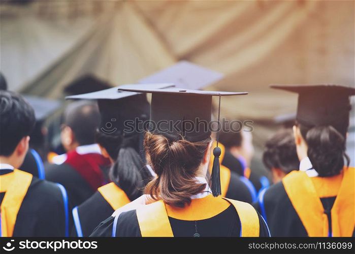 shot of graduation hats during commencement success graduates of the university, Concept education congratulation Student young the graduates in University.