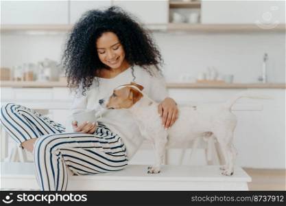 Shot of pleasant looking young woman focused down, plays with favourite dog, holds cup of drink, pose together in kitchen, express love, has free time. Relationship between people and animals
