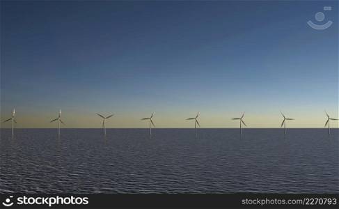 Shot of row of floating wind turbines .Alternative energy. Wind power. Green energy. 3d illustration