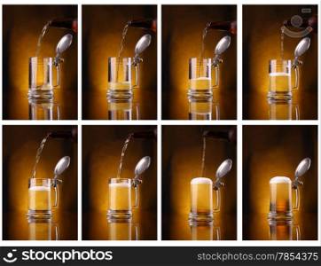 Shot series mosaic of light beer pouring into a mug