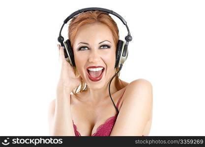 Shouting bright girl in the ear-phones, isolated on a white background