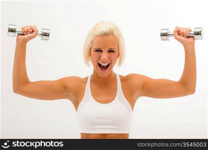 Shouting fitness woman lift dumbbells muscular arms isolated on white