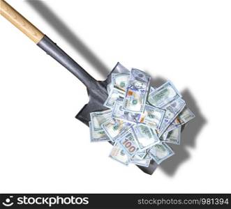 Shovel lifts American dollar bills